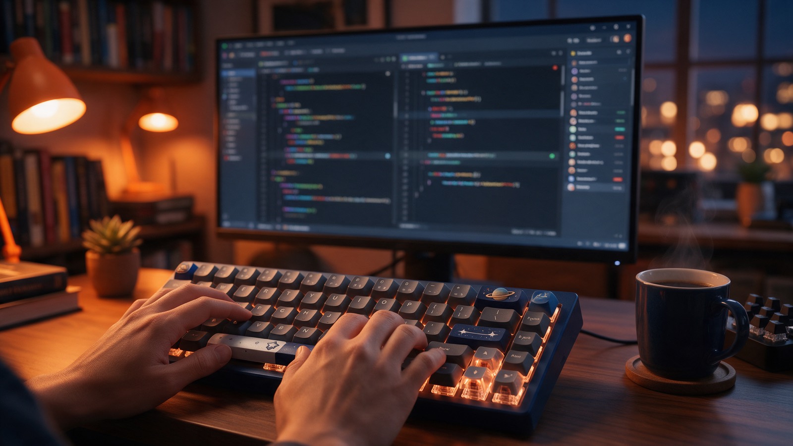 Hands on a keyboard with a code review on screen, warm desk light